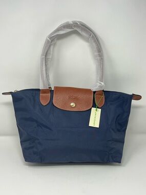 Longchamp Le Pliage Original Medium Navy Shoulder Tote Brown Leather NWT